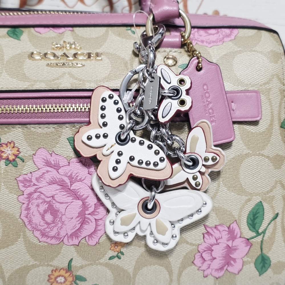 Cute! Coach Butterfly Mix Charm Silver Rivets Studs CHALK Keychain Bag Fob RARE
